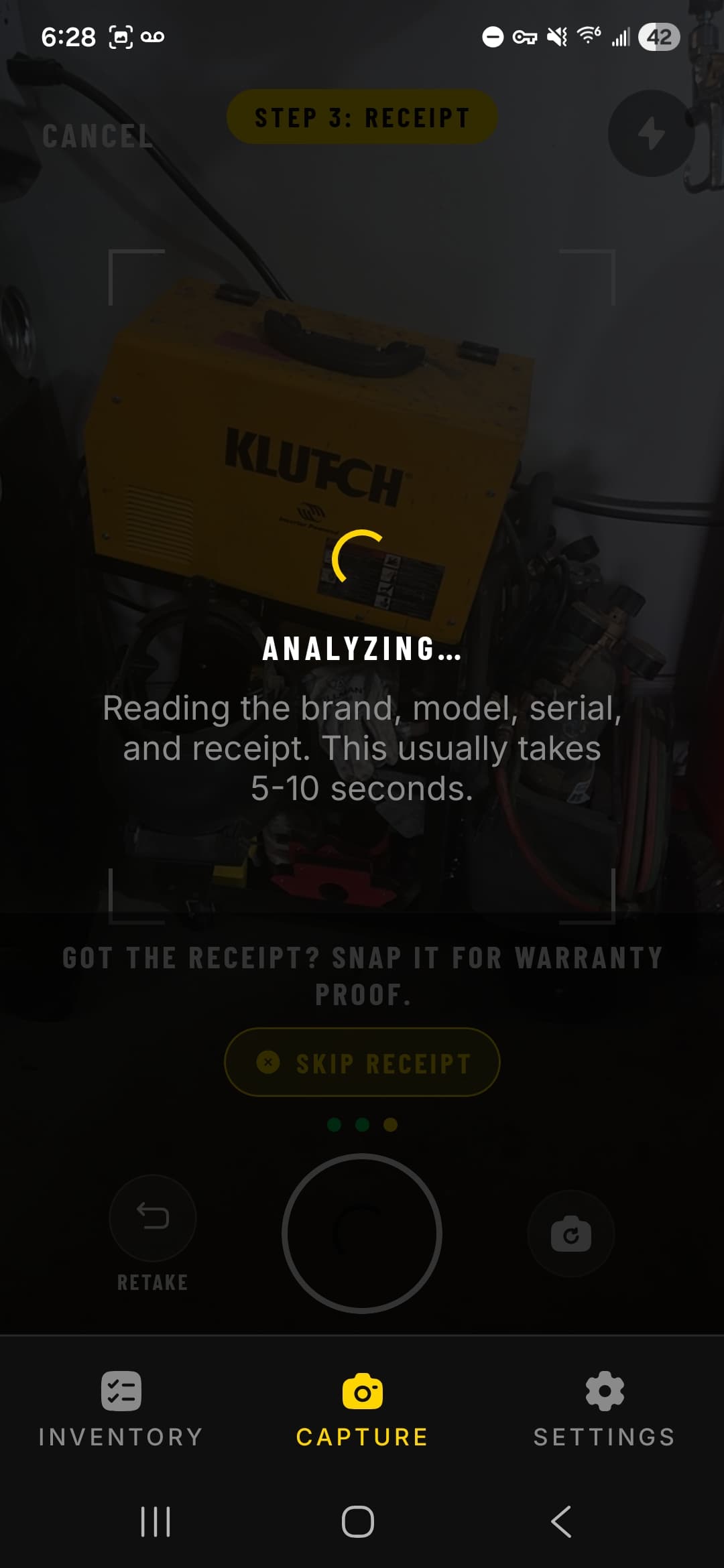 Snapproof AI extracting brand, model, serial number, and receipt from a tool photo