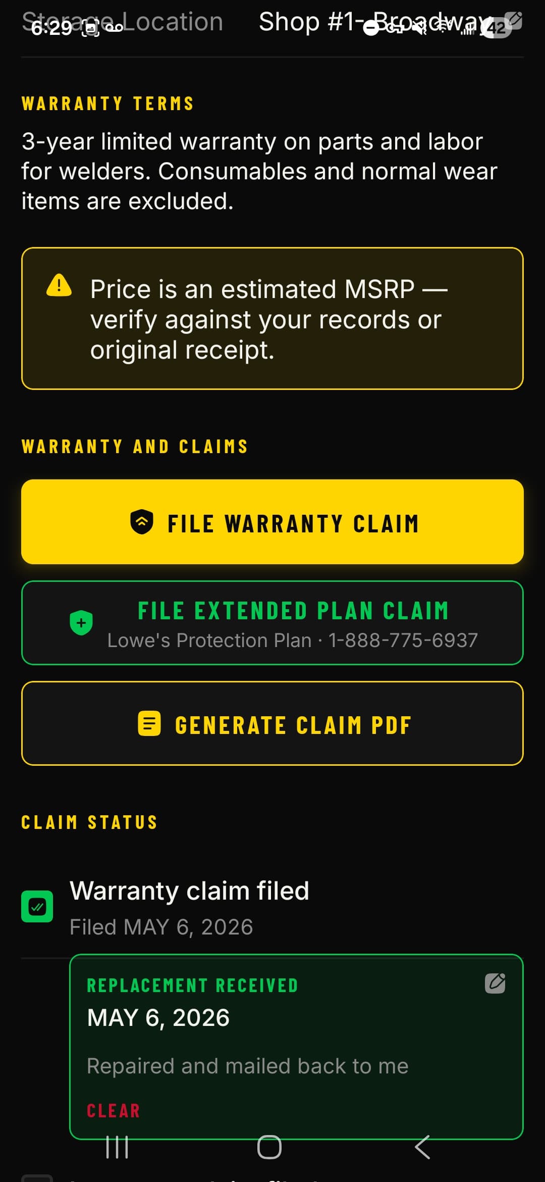 Warranty claim screen with File Claim and Generate Claim PDF buttons in Snapproof
