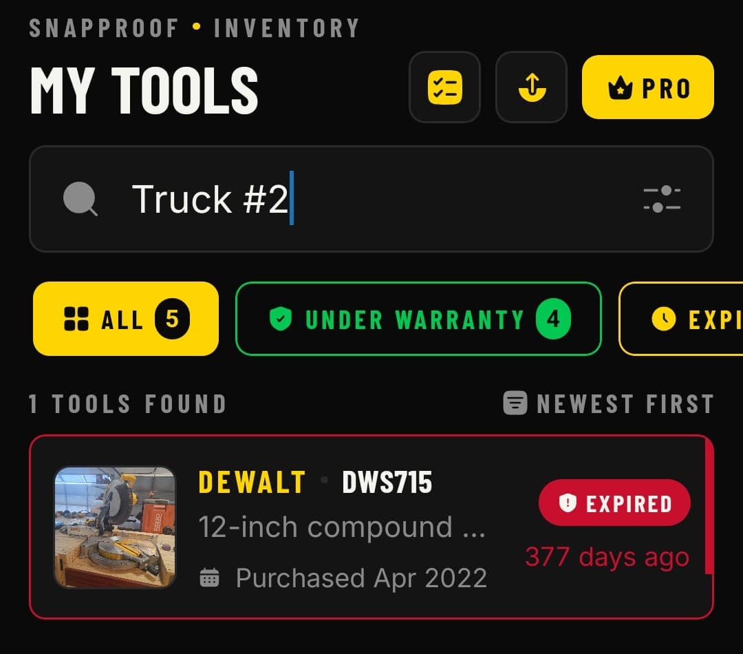 Snapproof location search showing every tool tagged to Truck #2 for a fast contractor insurance claim