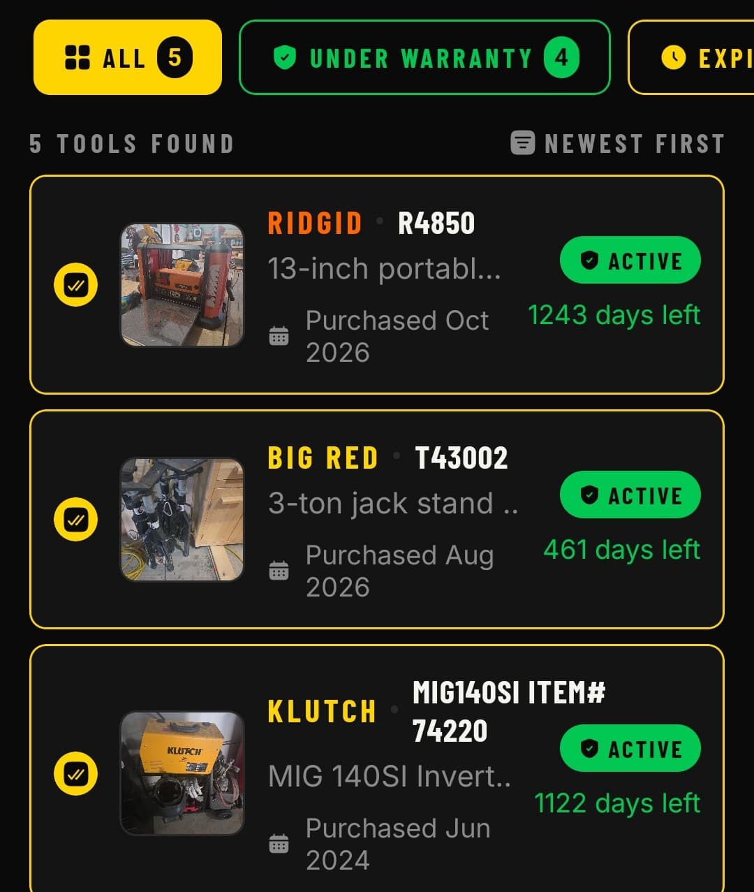 Snapproof warranty tracking list with Under Warranty and Expiring Soon filters across 100-plus tool brands